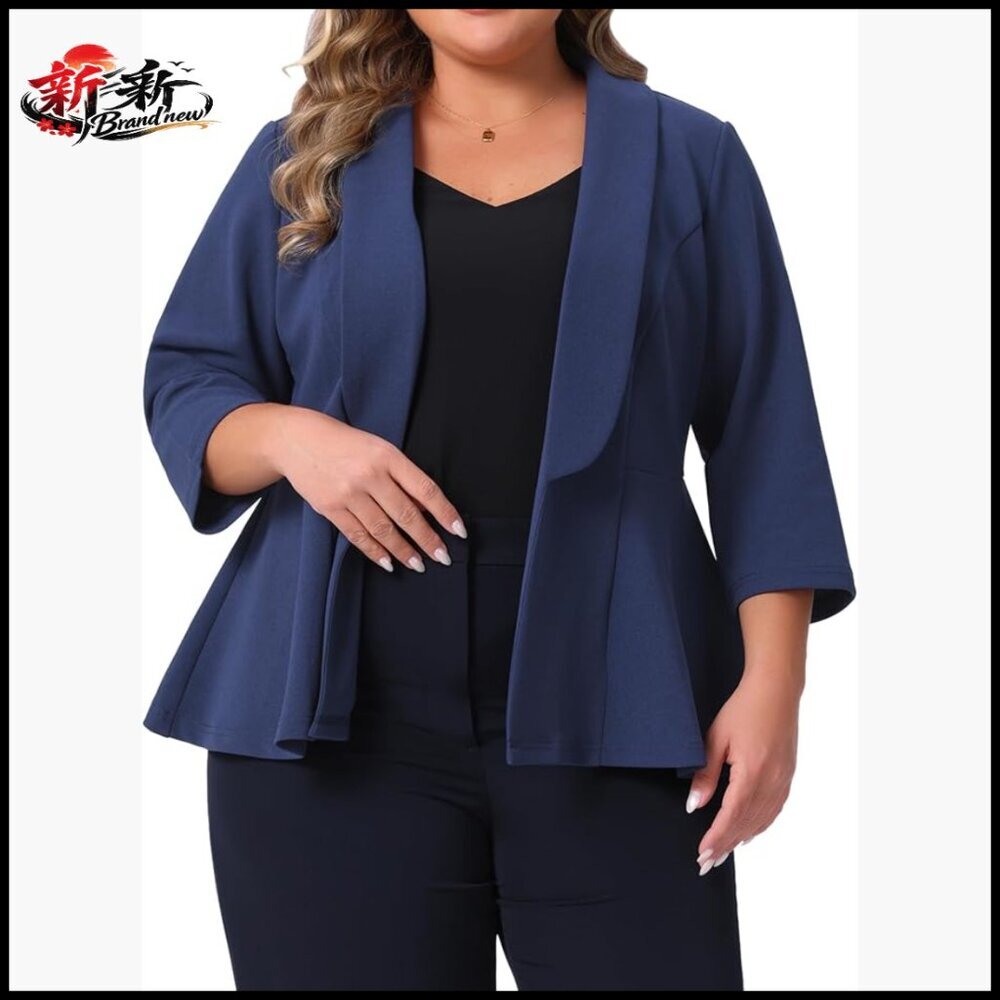 Plus Size Peplum Blazer 3/4 Sleeve Open Front Polyester Spandex